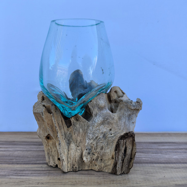Small Hand Blown Glass Bowl On Driftwood Base Design 3