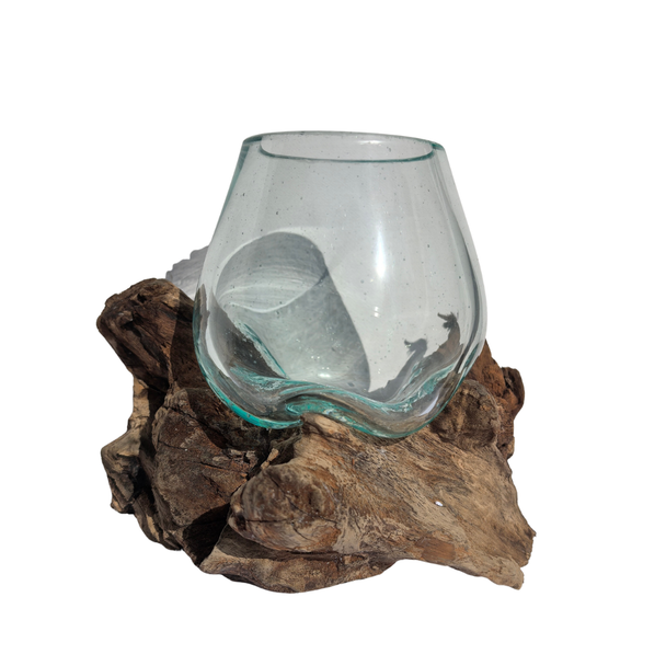 Small Hand Blown Glass Bowl On Driftwood Base Design 3