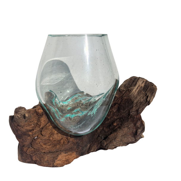 Small Hand Blown Glass Bowl On Driftwood Base Design 3