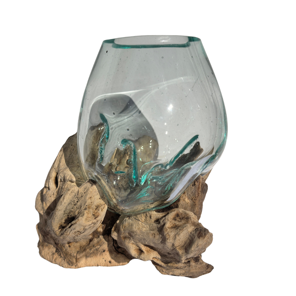 Small Hand Blown Glass Bowl On Driftwood Base Design 4