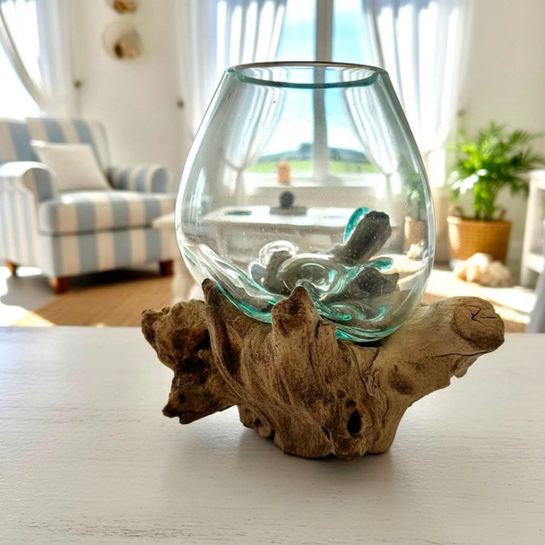 Small Hand Blown Glass Bowl On Driftwood Base Design 4