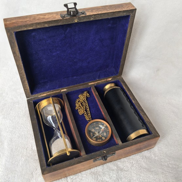 Nautical Gift Box With Solid Wood Door - Telescope, Compass And Sand Timer/Hourglass for Navigation / Gadget