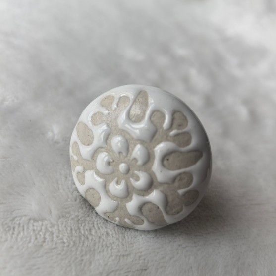 Ceramic Doorknob - Beige Flower On White