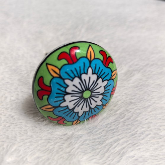 Ceramic Doorknob – Blue And White Flower With Green, Red, Orange
