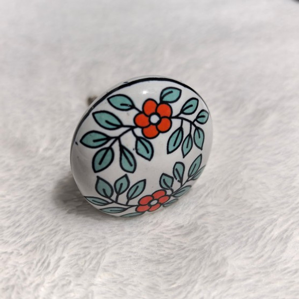 Ceramic Doorknob – Red Flower With Turquoise Leaves