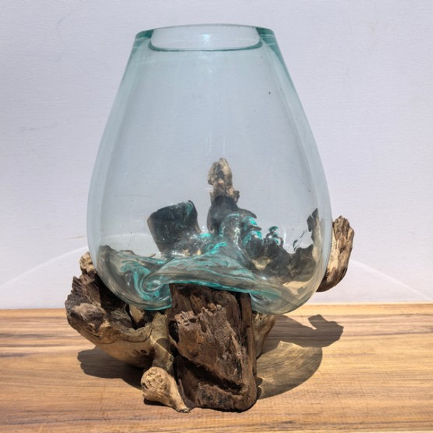 Large Hand Blown Glass Bowl on Driftwood Base Design 8