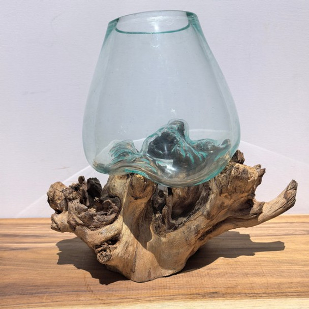 Large Hand Blown Glass Bowl on Driftwood Base Design 10