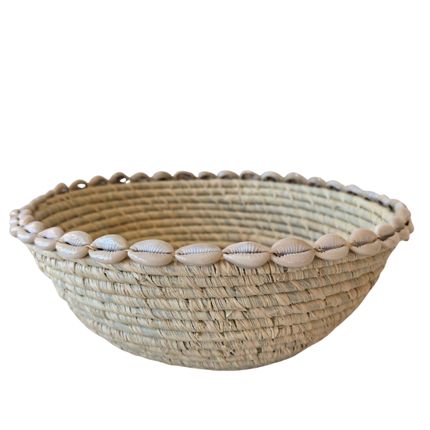 Woven Basket Thick Weave Beige with Cowrie Shells 27cm
