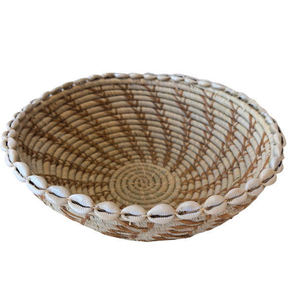 Woven Basket Thick Weave Beige And Brown with Cowrie Shells 27cm