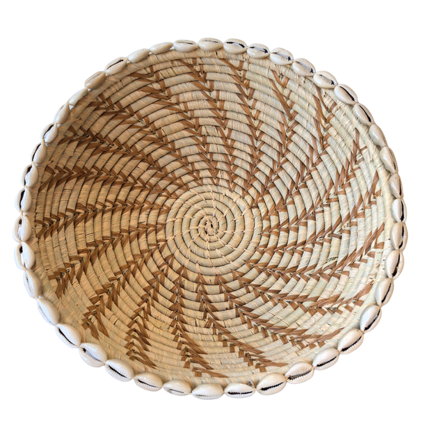Woven Basket Thick Weave Beige And Brown with Cowrie Shells 27cm