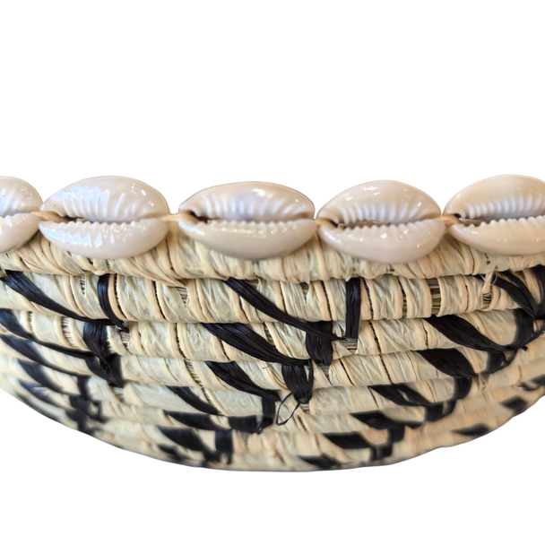 Woven Basket Thick Weave Beige And Black with Cowrie Shells 27cm
