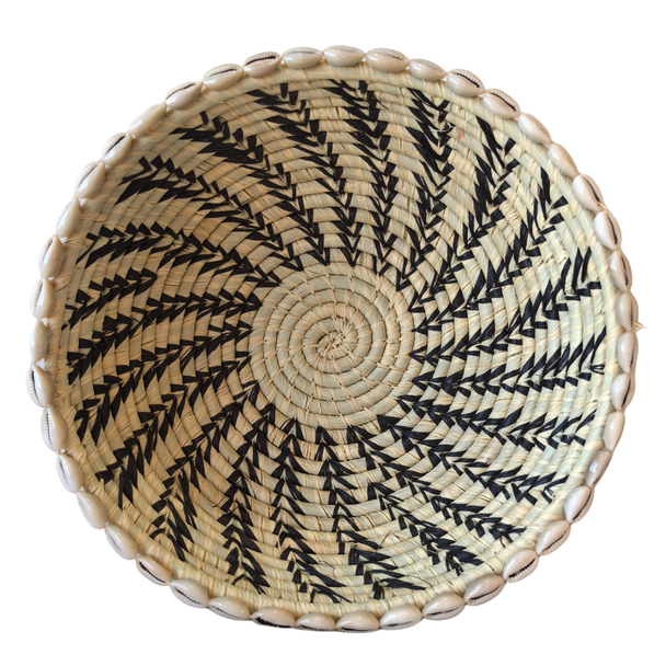 Woven Basket Thick Weave Beige And Black with Cowrie Shells 27cm
