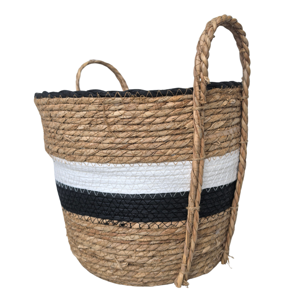 Black And White  With Brown Weaved Basket With Handels