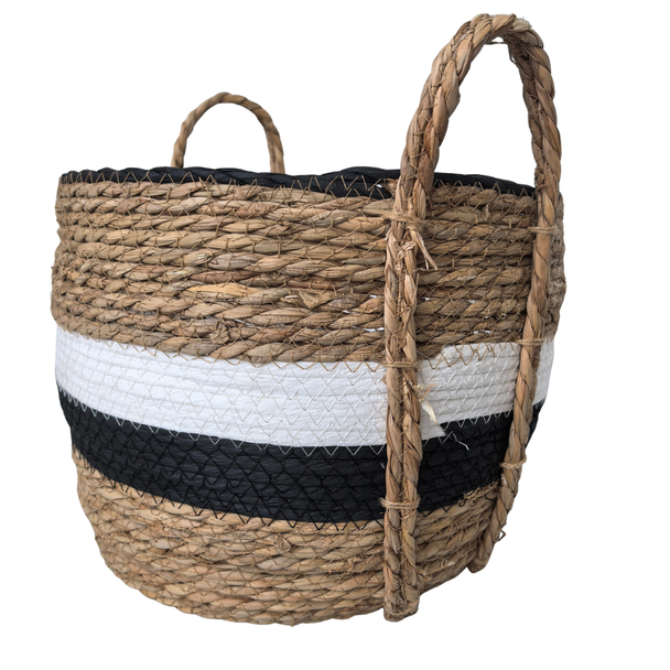 Brown, Black & White Wide Weaved Basket With Handels