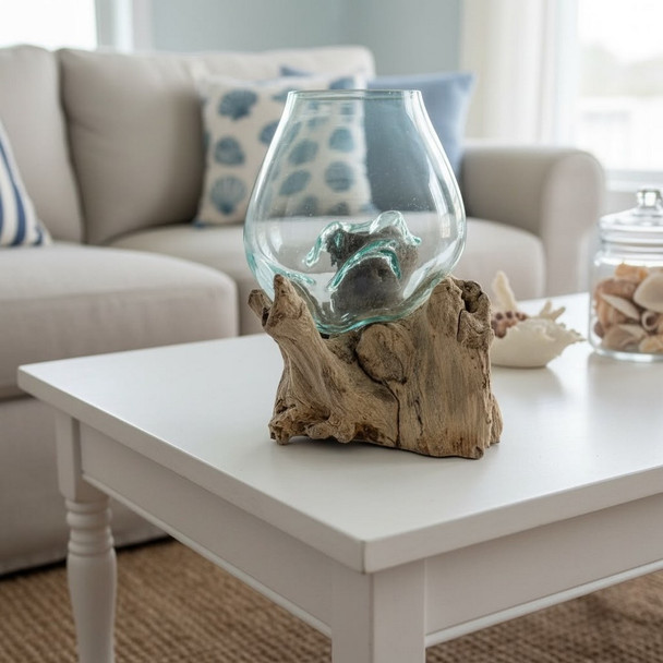 Small Hand Blown Glass Bowl On Driftwood Base Design 7