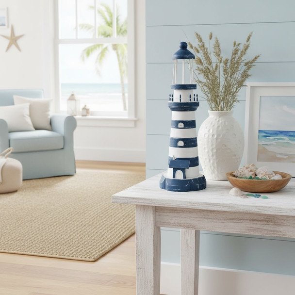 Wood Lighthouse - Blue And White - 45cm