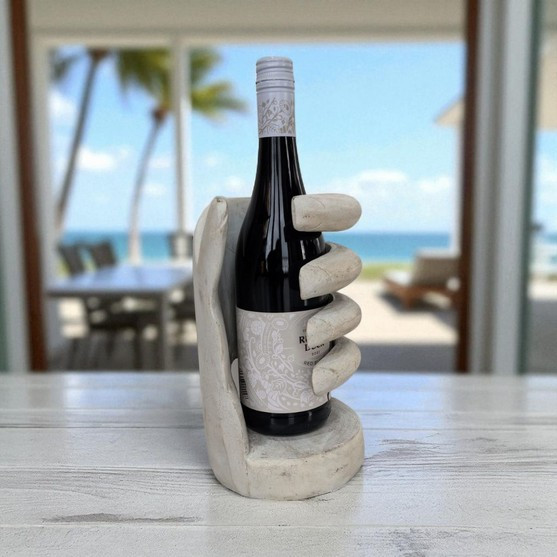 Hand Carved Suar Wood Wine Bottle Holder White Wash – Hand Décor Large