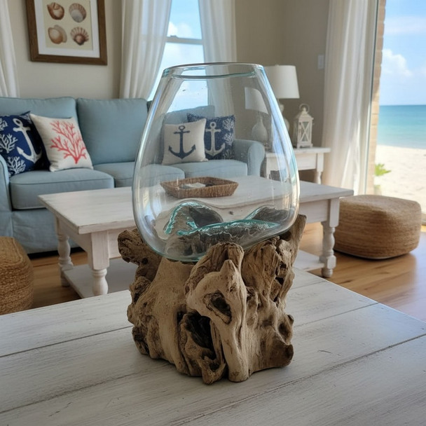 Large Hand Blown Glass Bowl on Driftwood Base Design 1