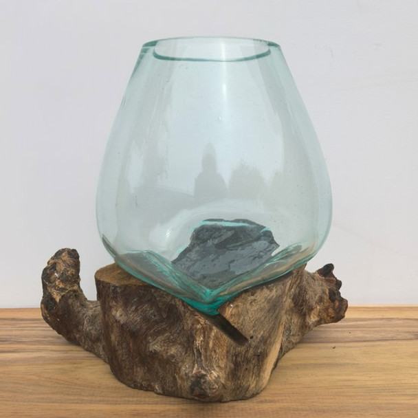Large Hand Blown Glass Bowl on Driftwood Base Design 2