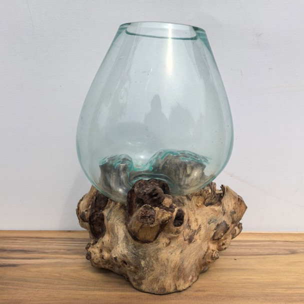 Large Hand Blown Glass Bowl on Driftwood Base Design 3