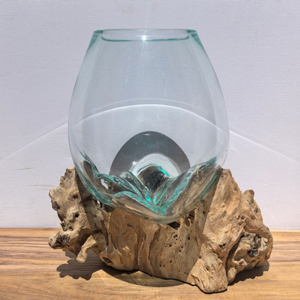 Large Hand Blown Glass Bowl on Driftwood Base Design 5