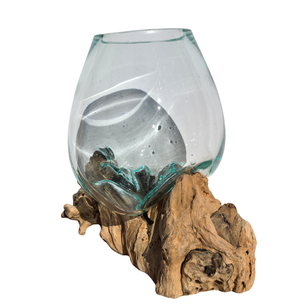 Large Hand Blown Glass Bowl on Driftwood Base Design 5