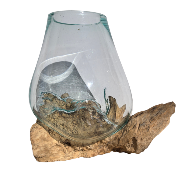 Large Hand Blown Glass Bowl on Driftwood Base Design 6
