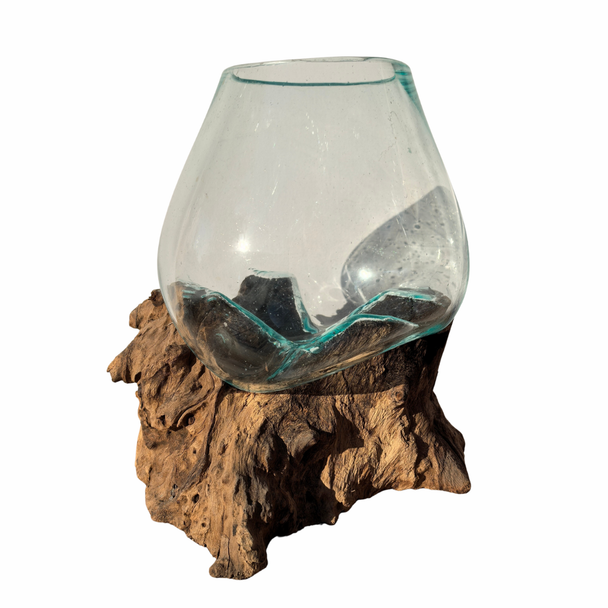 Medium Hand Blown Glass Bowl On Driftwood Base Design 2