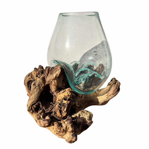 Medium Hand Blown Glass Bowl On Driftwood Base Design 3