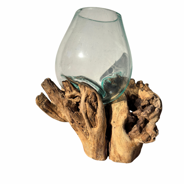Medium Hand Blown Glass Bowl On Driftwood Base Design 3