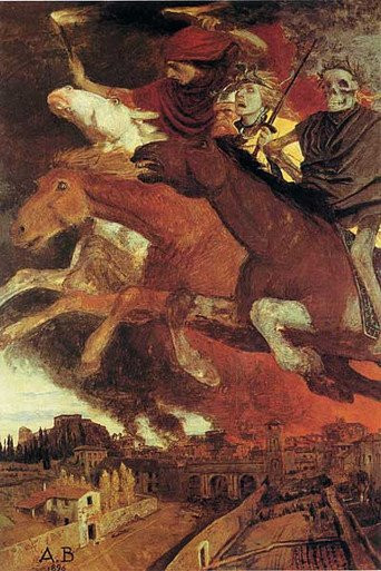 Fine Art Prints War, Bocklin 16x24 canvas print by Illusions Gallery, depicting apocalyptic scene with three figures on horseback amidst burning cityscape in dark ominous tones.