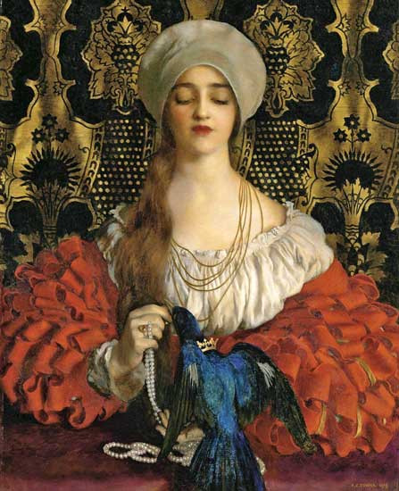 Fine Art Prints Woman in white dress and red sleeves holding pearls and blue bird, by Frank Cadogan Cowper, The Blue Bird, 18x22 inches painting.