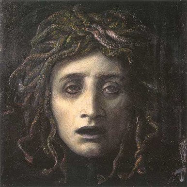Fine Art Prints Medusa, a fine art print on canvas by Illusions Gallery, featuring a portrait with snakes in her hair, neutral expression on a dark background.