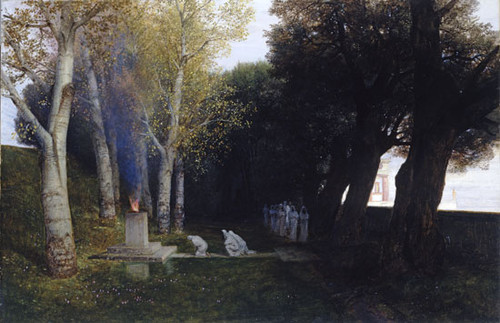 Fine Art Prints The Sacred Grove, Bocklin, 16x25 fine art print on canvas by Illusions Gallery, serene landscape with trees, stone structure, and white statues.
