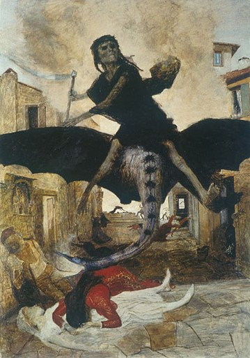 Fine Art Prints The Plague by Arnold Böcklin, dark fantasy artwork depicting a woman riding a demon-like creature over a fallen figure in a village street scene.