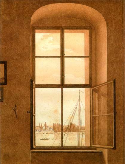 Fine Art Prints View from the Artists Studio, Friedrich, 16x21, serene harbor scene through open window with boats and cloudy sky, warm sepia tones.