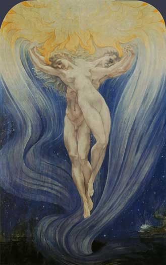 Fine Art Prints The Love of Souls, Delville, 16x25.5 inches, nude figures with yellow flames, against blue swirling background with stars and night sky.