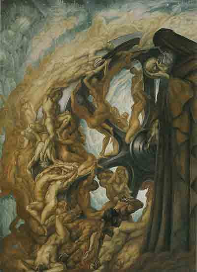 Fine Art Prints Wheel of Life by Jean Delville, 16x22 inches, depicting a mystical scene with nude figures and a dark-robed figure amidst swirling clouds.