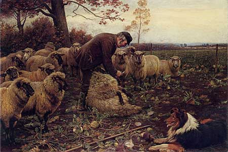 Fine Art Prints The Shepherd (16X24) painting depicts a man in brown clothing tending to a sheep, surrounded by flock and a border collie dog outdoors.