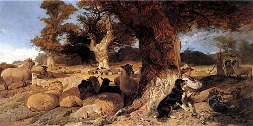 Fine Art Prints The Sleeping Shepherd, a 16x32 painting depicts a shepherd and flock under tree, rustic scene with sheep and dog, serene landscape with blue sky.