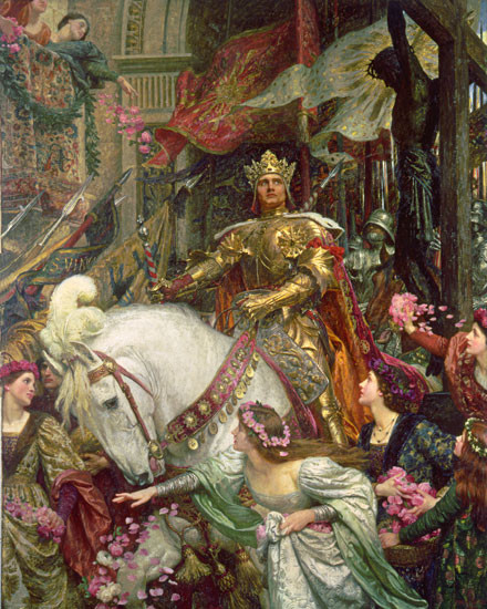 Fine Art Prints Two Crowns, Dicksee 16X20, gold armored king on white horse surrounded by women in flowers, ornate medieval scene by Dicksee.