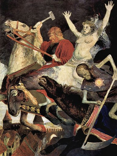 Fine Art Prints The War, Bocklin 16X21.25, artwork depicting apocalyptic scene with horse riders and figures in dark colors and dramatic poses.