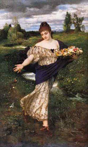 Fine Art Prints Woman in gold dress holding flowers, Flowers of Spring, Bocklin, 20.5x26 inches, serene landscape background with trees and cloudy sky.