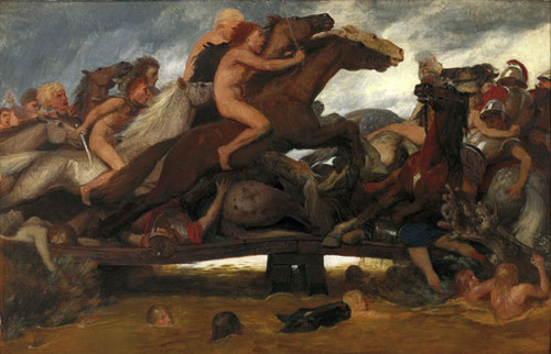 Fine Art Prints The Battle on the Bridge, Arnold Böcklin, 16x26.75 inches, chaotic scene with nude figures and horse on a bridge under stormy sky.