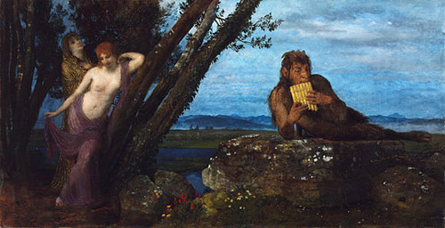 Fine Art Prints Spring Evening by Arnold Böcklin, 16x31.25 inches, serene landscape with nude figure and woman reclining on rock under trees by water.