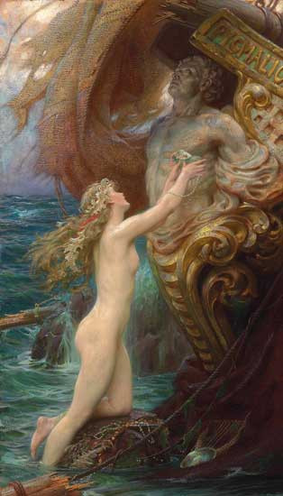 Fine Art Prints A Deep Sea Idyll, Draper, 16X28, gold ornate frame, woman in water, reaching up to male sculpture on ornate gold ship bow.