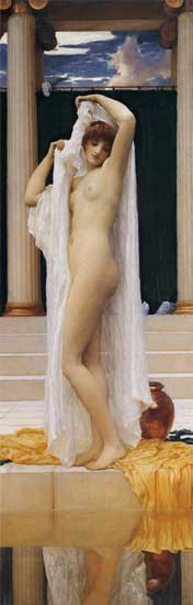 Fine Art Prints Nude woman in white drapery standing on marble platform with columns, by Fredrick Leighton, The Bath of Psyche, 16x50 inches.