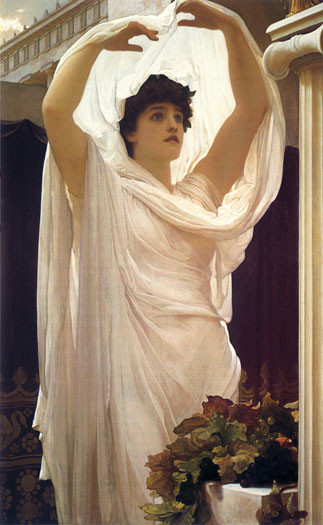 Fine Art Prints Leighton Invocation, woman in pink draped gown standing beside column with flowers, 16x26 inches, elegant classical scene.