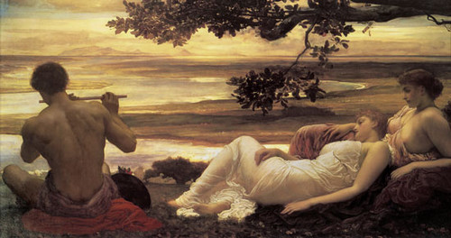 Fine Art Prints Idyll by Leighton, a serene landscape with two women and a man playing flute, set against a beautiful sunset background, soft warm colors.