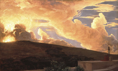 Fine Art Prints Clytie, 1892, by Fredric Lord Leighton, oil on canvas, 22x36.4 inches, serene landscape with cloudy sky and distant building, warm golden hues.